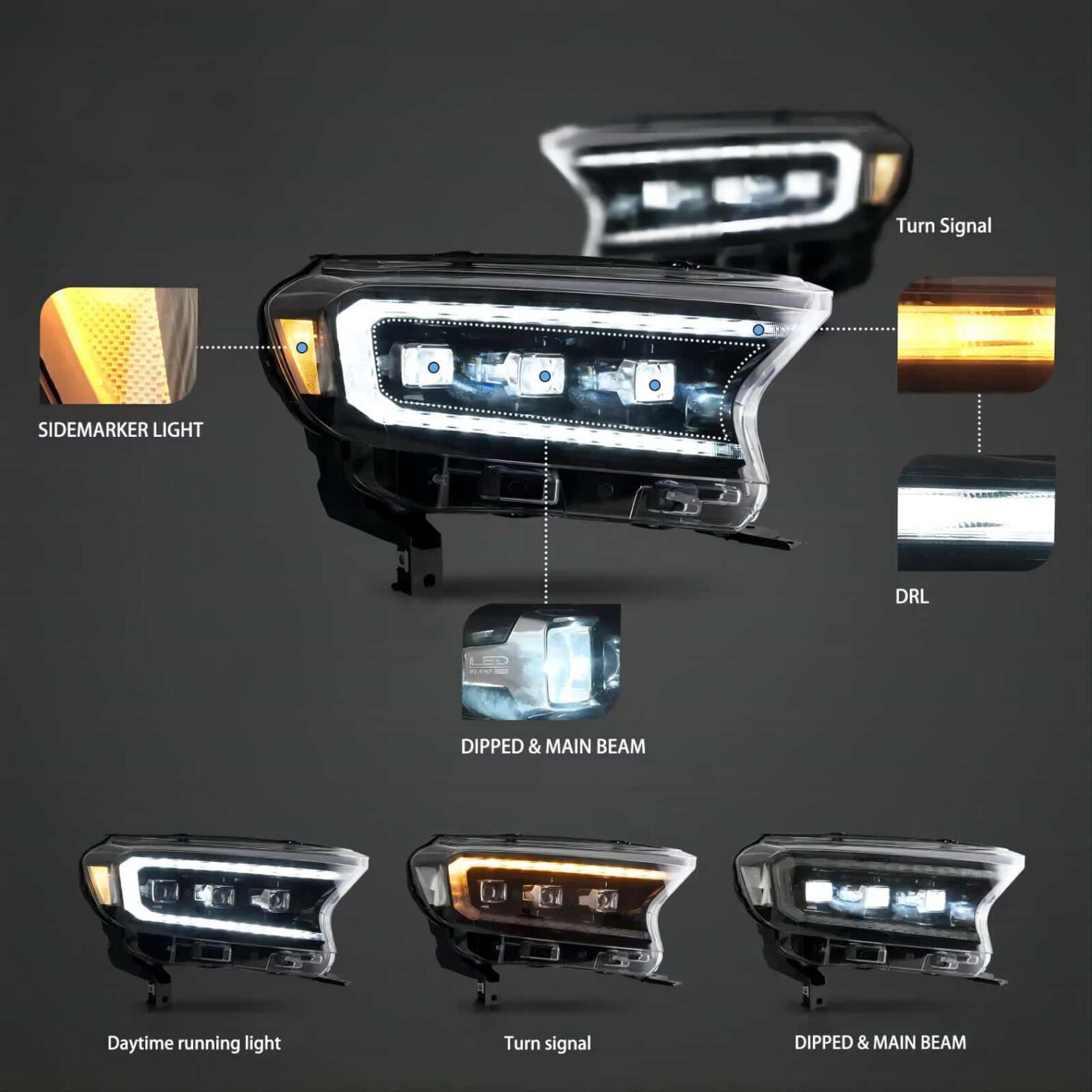 19-23 Ford Ranger [US Types] LED Matrix Projector HeadLights Black - Image 2