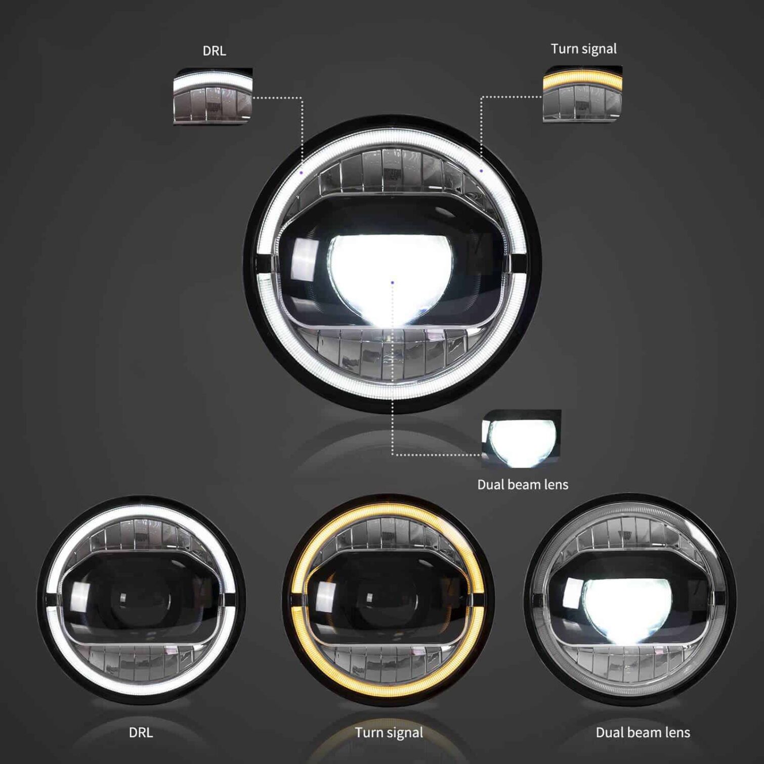 07-17 Jeep Wrangler JK 7 Inches LED Dual Beam Projector Headlights With Amber Turn Signal - Image 6