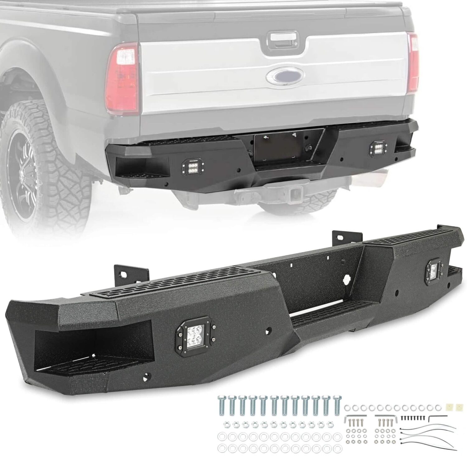 Off-road Rear Bumper Compatible with 1999-2016 Ford Super Duty F250 F350 with 2 LED Lights Powder coated Steel - Image 2
